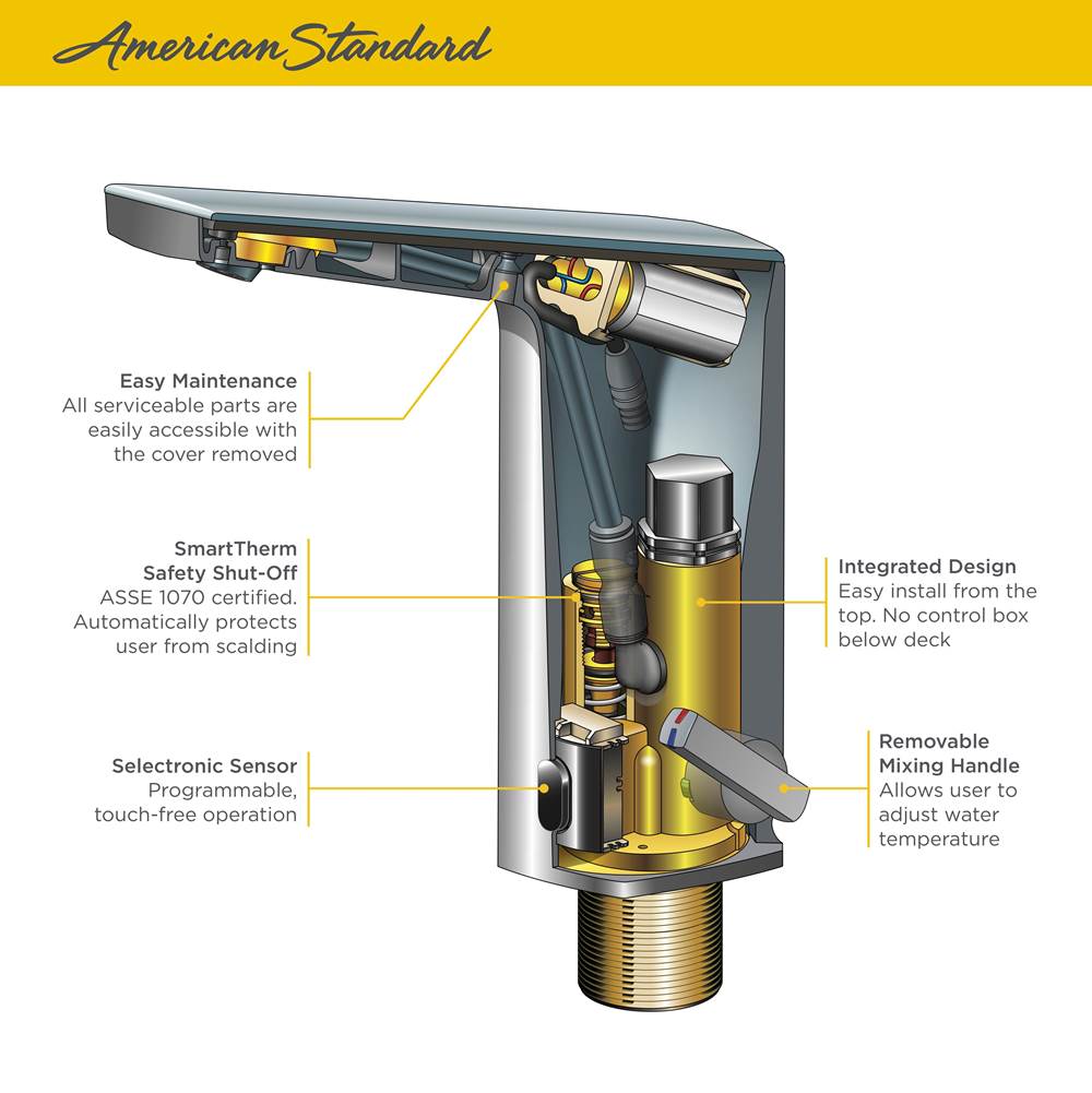 American Standard Paradigm® Selectronic® Touchless Faucet, Battery-Powered With Above-Deck Mixing, 0.35 gpm/1.3 Lpm