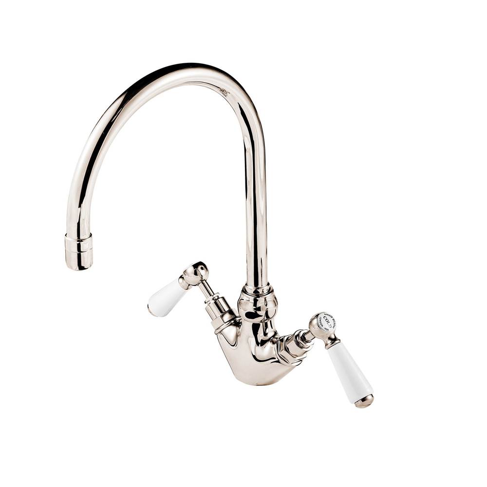 Barber Wilsons And Company 1890''S Bonnet Single Hole Faucet 6'' Swan Neck Swivel Spout (Ceramic Disc) With White Porcelain Lever And Buttons