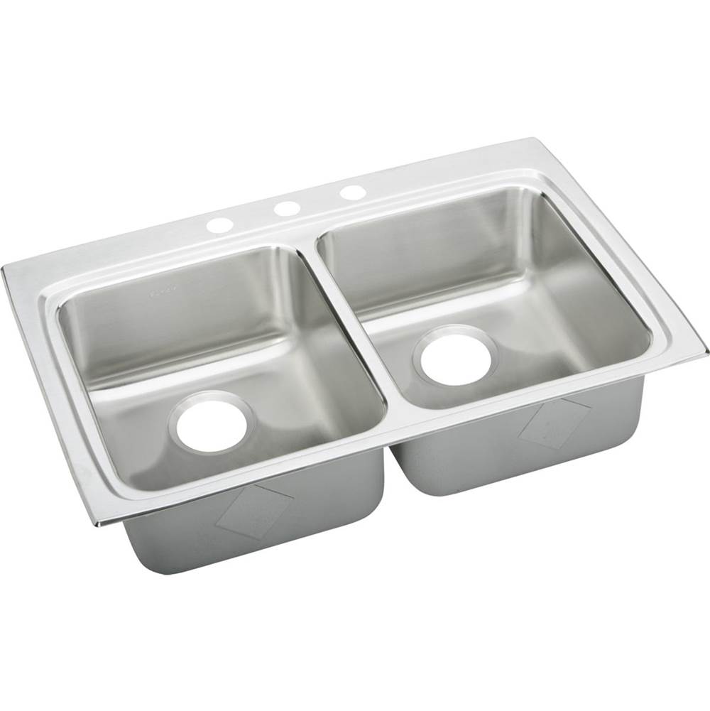 Elkay Lustertone Classic Stainless Steel 33'' x 22'' x 5-1/2'', 3-Hole Equal Double Bowl Drop-in ADA Sink with Quick-clip
