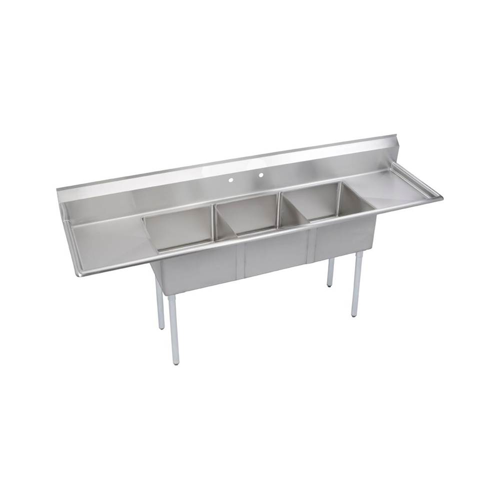 Elkay Dependabilt Stainless Steel 104'' x 25-13/16'' x 43-3/4'' 18 Gauge Three Compartment Sink w/ 20'' Left and Right Drainboards and Stainless Steel Legs