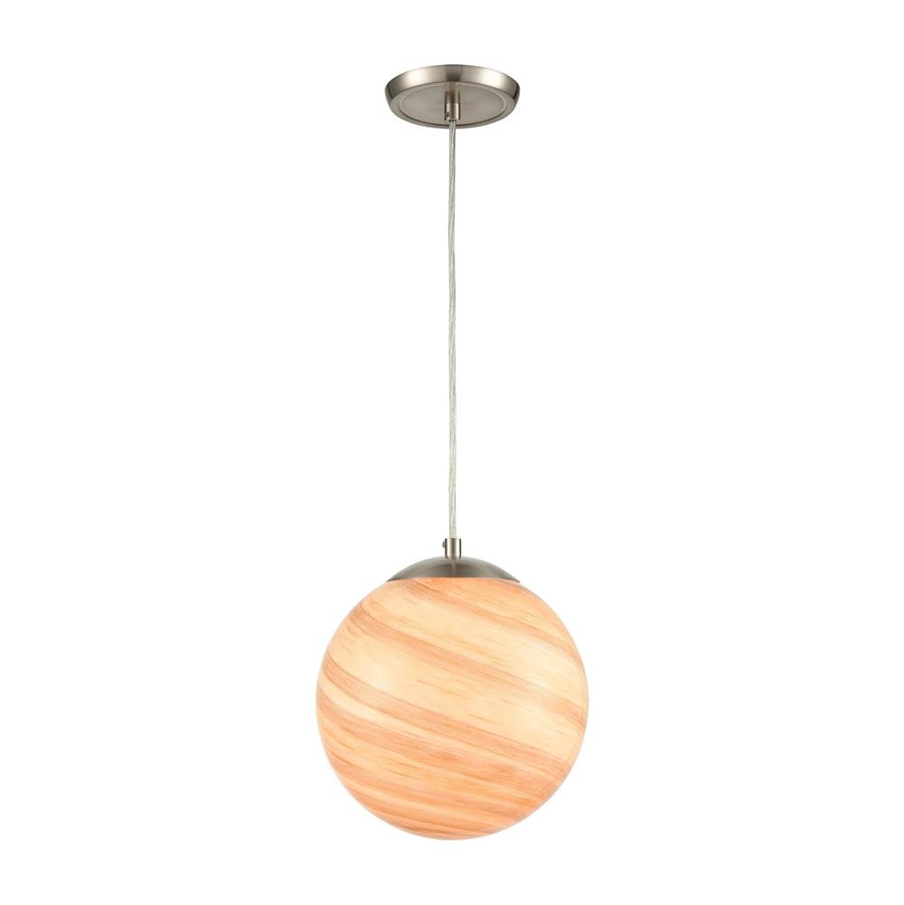Elk Lighting Planetario 1-Light Mini Pendant in Satin Nickel With Swirling Beige and Tan Glass