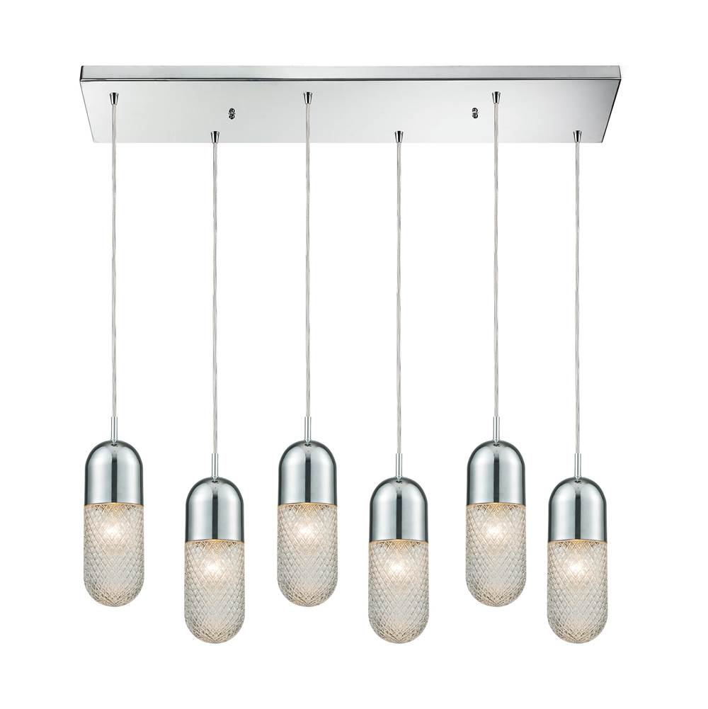 Elk Lighting Capsula 6-Light Rectangular Pendant Fixture in Polished Chrome with Clear Textured Glass