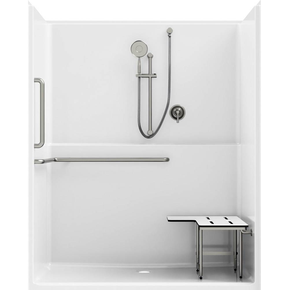 Everfab 63'' ADA Compliant Roll-In Shower With Shelf, L-Shaped Grab Bar, Phenolic Seat, 18'' Vertical Grab Bar, Low Profile Threshold