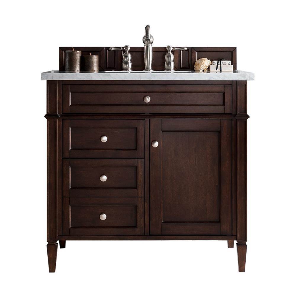 James Martin Vanities Brittany 36'' Burnished Mahogany Single Vanity w/ 3 CM Arctic Fall Solid Surface Top