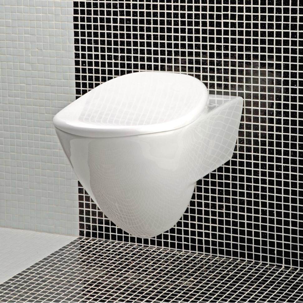 Lacava Wall-hung porcelain toilet for concealed flushing system, includes a seat cover.W: 14 3/4''
D: 21 5/8'' H: 13 3/4''.