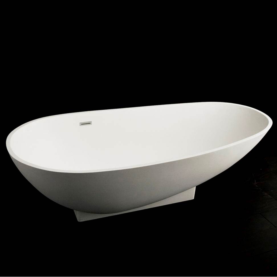 Lacava Free-standing soaking bathtub made of white solid surface with an overflow and polished chrome drain, net weight 232lbs.