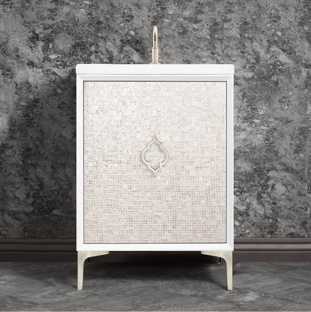 Linkasink Mother of Pearl 24'' Wide White Vanity with Satin Nickel Arabesque Pull and Hardware, 24'' x 22'' x 33.5'' (without vanity top)
