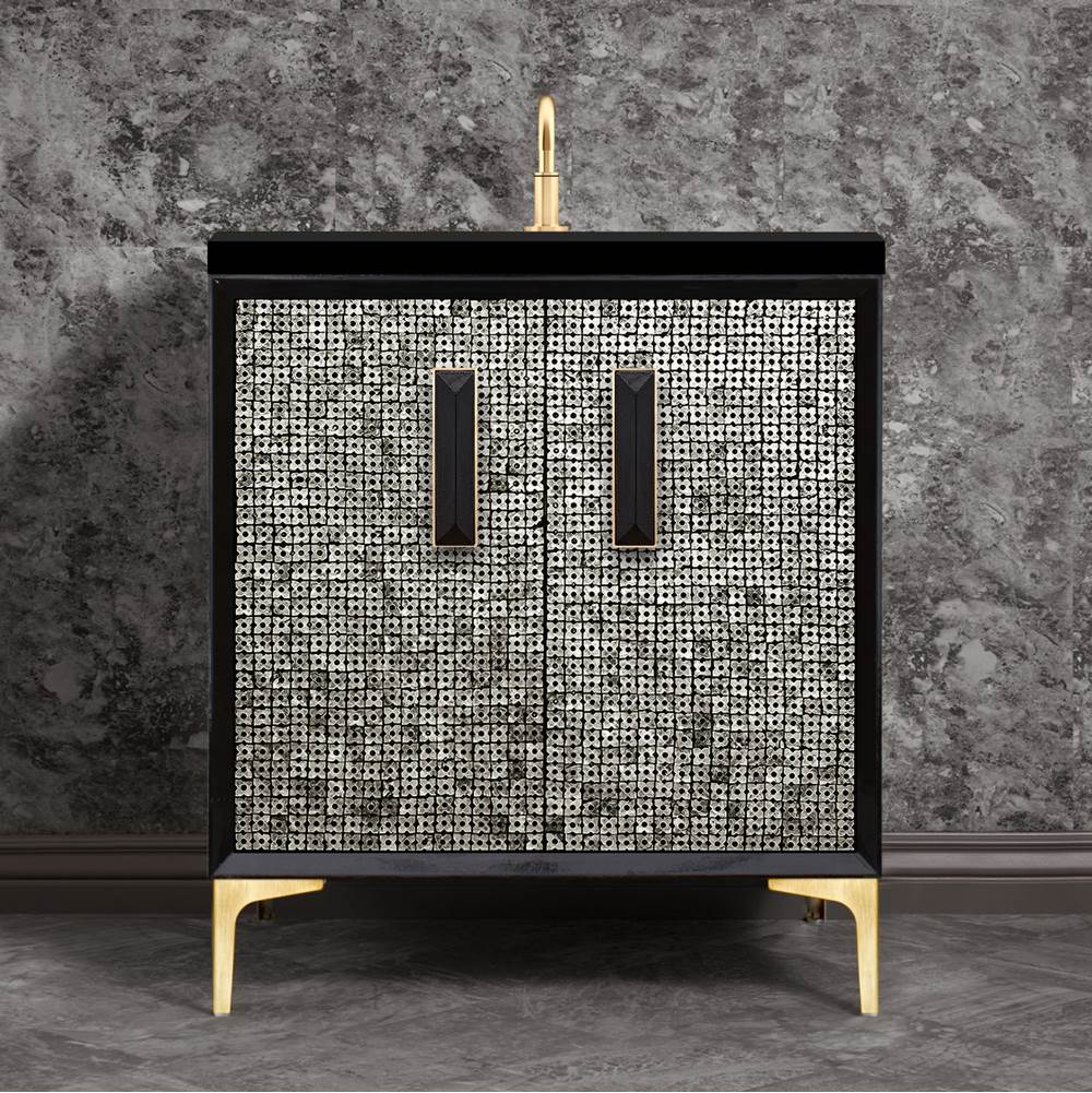 Linkasink MOTHER OF PEARL with 8'' Artisan Glass Prism Hardware 30'' Wide Vanity, Black, Satin Brass Hardware, 30'' x 22'' x 33.5'' (without vanity top)