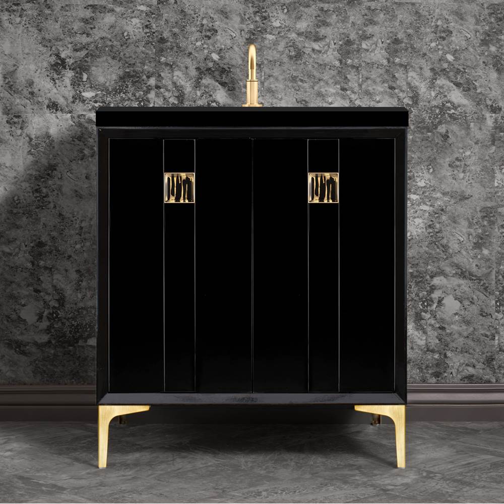 Linkasink Tuxedo with 3'' Black Tiger Artisan Glass Prism, 30'' Wide Vanity, Black, Satin Brass Hardware with White Glass, 30'' x 22'' x 33.5'' (without vanity top)
