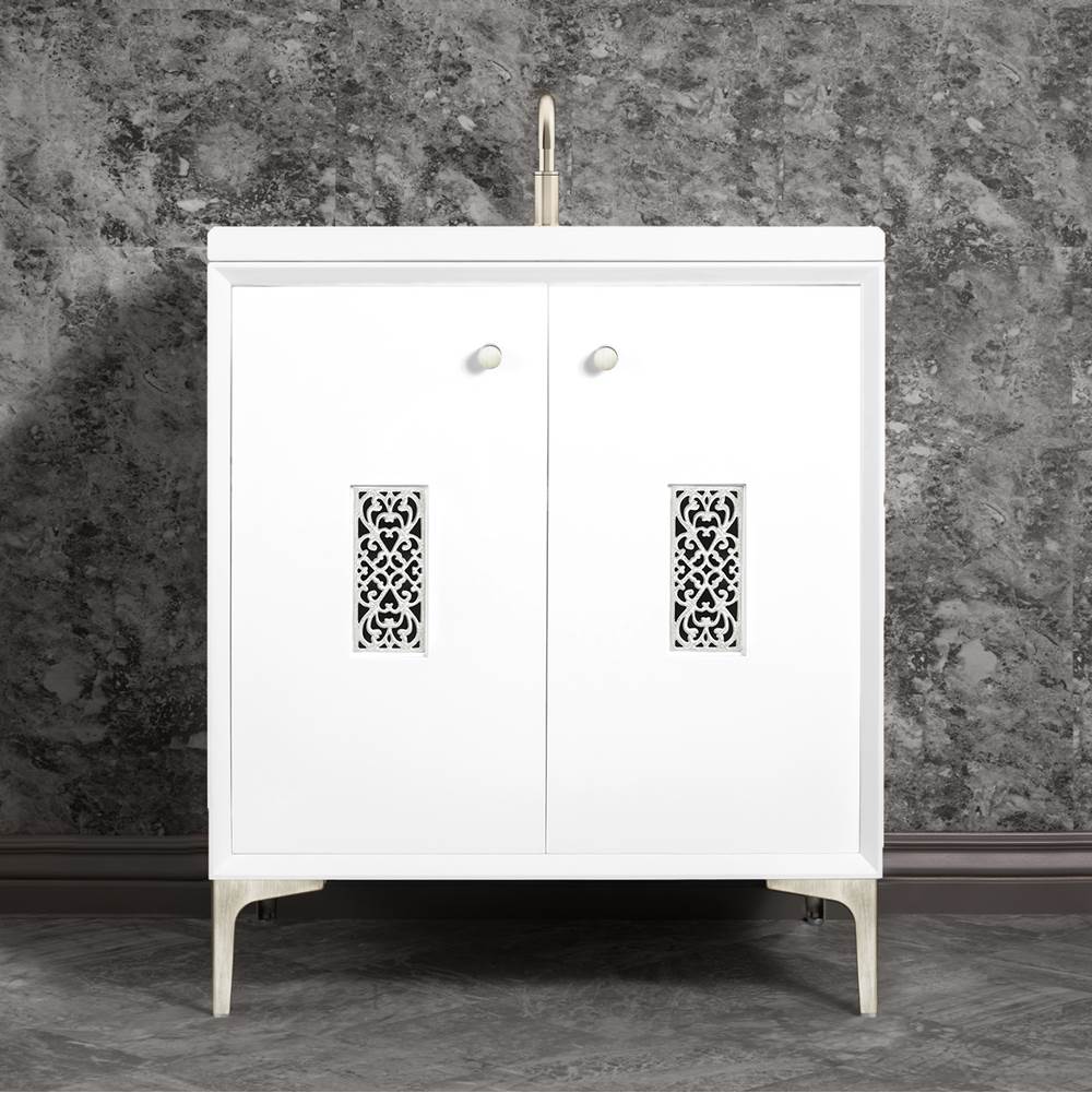 Linkasink Frame 30'' Wide White Vanity with Satin Nickel Filigree Grate and Legs