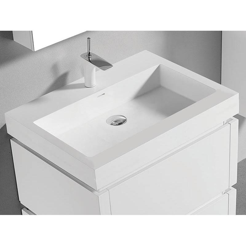 Madeli 22''D-Trough 30''W Solid Surface , Sink. Glossy White, 8'' Widespread. W/Overflow, Basin Depth: 5-3/4'', 29-7/8'' X 22-1/8'' X 4-1/2''