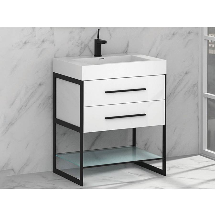 Madeli Silhouette 24''. White, Free Standing Cabinet, Matte Black H-Legs (X2) /, Handles (X2) / Glass Shelf (X1), 23-1/4'' X 22'' X 33''