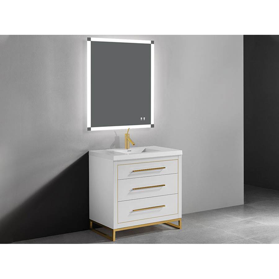 Madeli Estate 36''. White, Free Standing Cabinet, Brushed Nickel, Handles(X3)/L-Legs(X4)/Inlay, 35-5/8''X 22''X33-1/2''