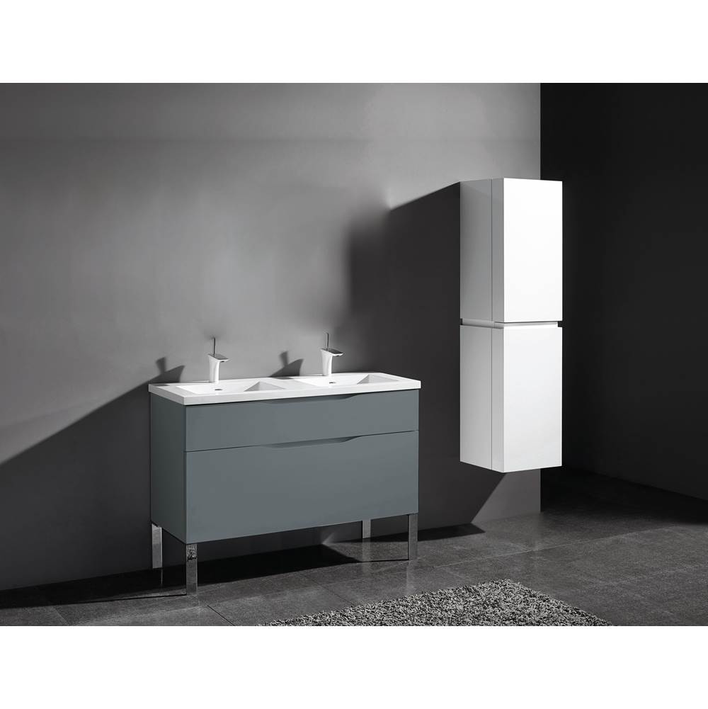 Madeli Milano 48''. Studio Grey, Free Standing Cabinet. 2-Bowls, Satin Brass S-Legs (X2), 47-5/8''X18''X33-1/2''