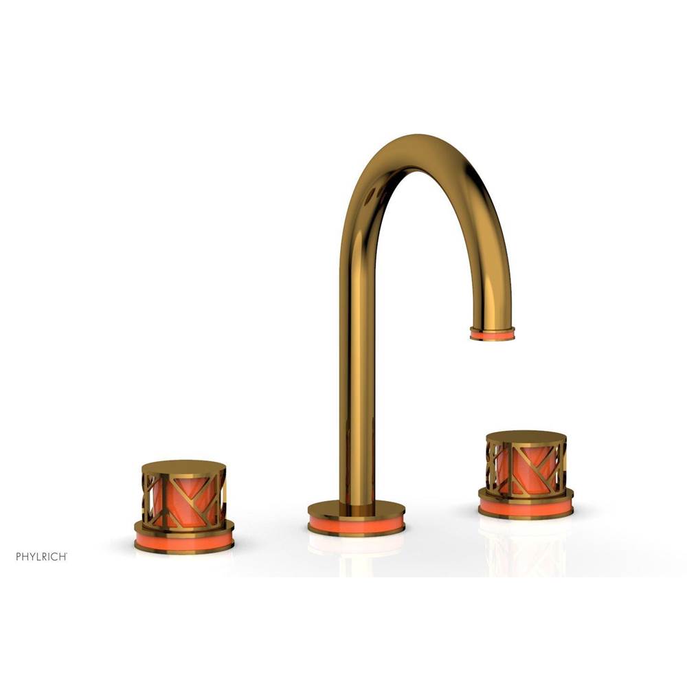 Phylrich French Brass (Living Finish) Jolie Widespread Lavatory Faucet With Gooseneck Spout, Round Cutaway Handles, And Orange Accents - 1.2GPM