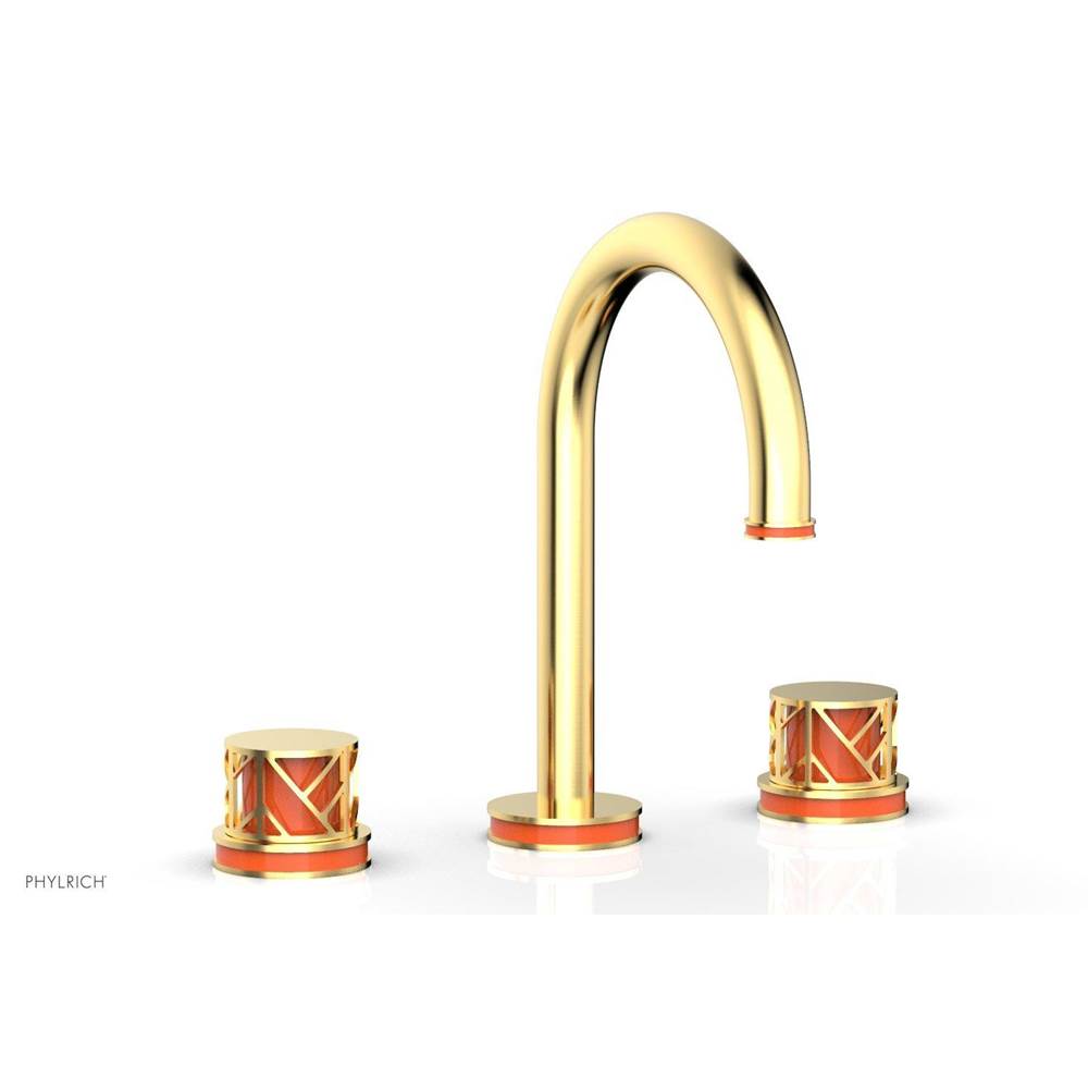 Phylrich Satin Gold Jolie Widespread Lavatory Faucet With Gooseneck Spout, Round Cutaway Handles, And Orange Accents - 1.2GPM
