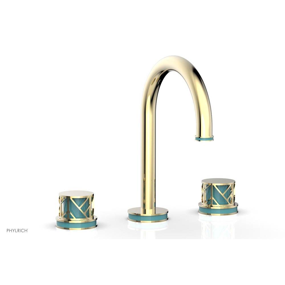 Phylrich Old English Brass Jolie Widespread Lavatory Faucet With Gooseneck Spout, Round Cutaway Handles, And Turquoise Accents - 1.2GPM