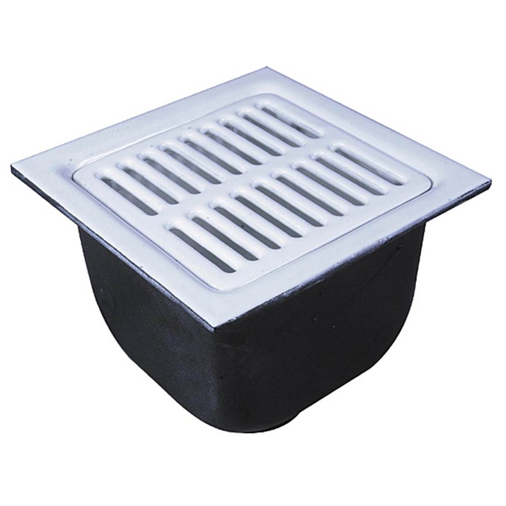 Watts Floor Sink, 4 IN Pipe, 12 IN Square x 8 IN Deep Porcelain Enamel Coated Cast Iron Grate, Dome Bottom Strainer, Push On