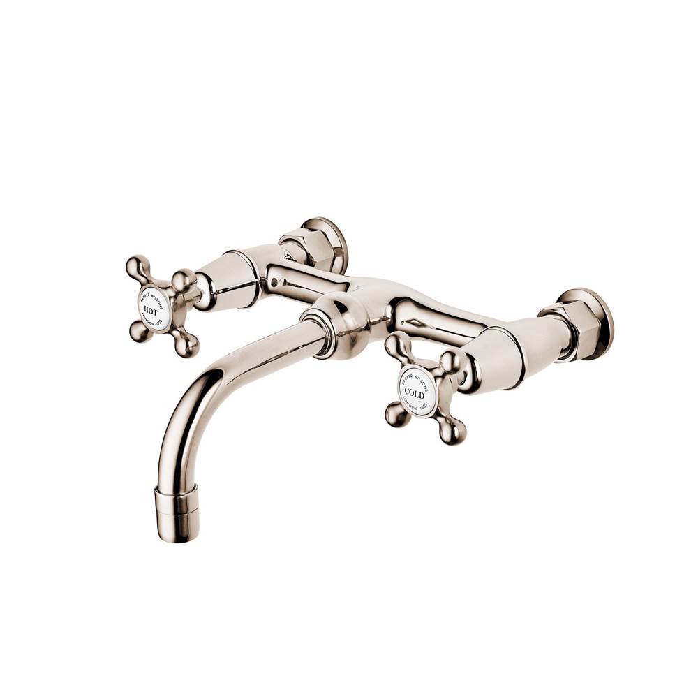 Barber Wilsons And Company Regent 1900''S Wall Mount Bridge Faucet 8'' Swan Neck Swivel Spout (Ceramic Disc) With White Porcelain Buttons