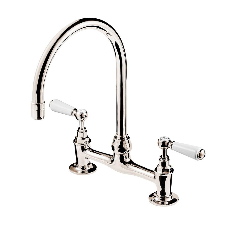 Barber Wilsons And Company 1890''S Bridge Kitchen Faucet With 8'' Swan Neck And Flange Unions With White Porcelain Levers And Buttons