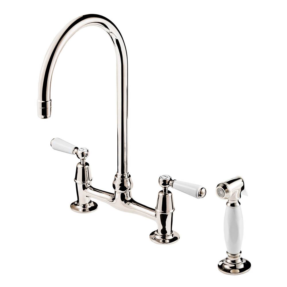 Barber Wilsons And Company Regent 1900''S  3 Hole Bridge Faucet 8'' Swan Neck Swivel Spout W/Hand Spray (Ceramic Disc) With Flange Unions And White Porcelain Lever And Butto