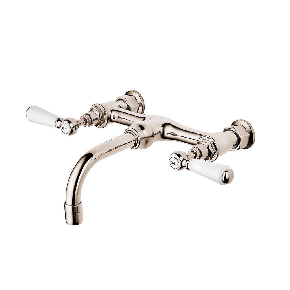 Barber Wilsons And Company 1890''S Bonnet Wall Mount Horizontal Bridge Faucet No Waste (Ceramic Disc) With White Porcelain Lever And Buttons