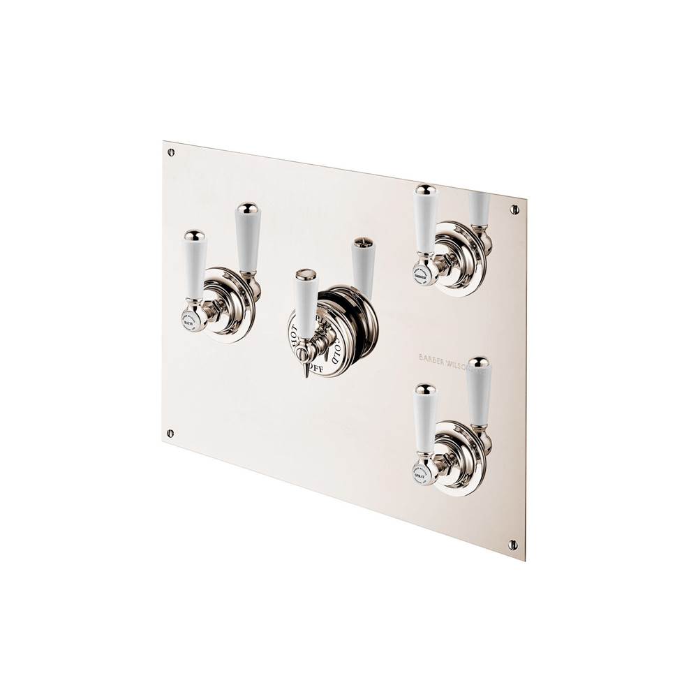 Barber Wilsons And Company Concealed Thermostatic Valve With 3 Volume Controls On Rectangular Plate With White Porcelain Levers And Buttons