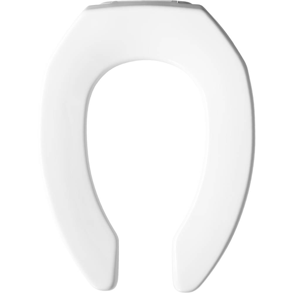 Church Elongated Open Front Less Cover Commercial Plastic Toilet Seat in White with STA-TITE Commercial Fastening System Self-Sustaining Check Hinge