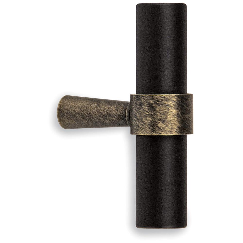 Colonial Bronze T Cabinet Knob Hand Finished in Unlacquered Polished Brass and Satin Black