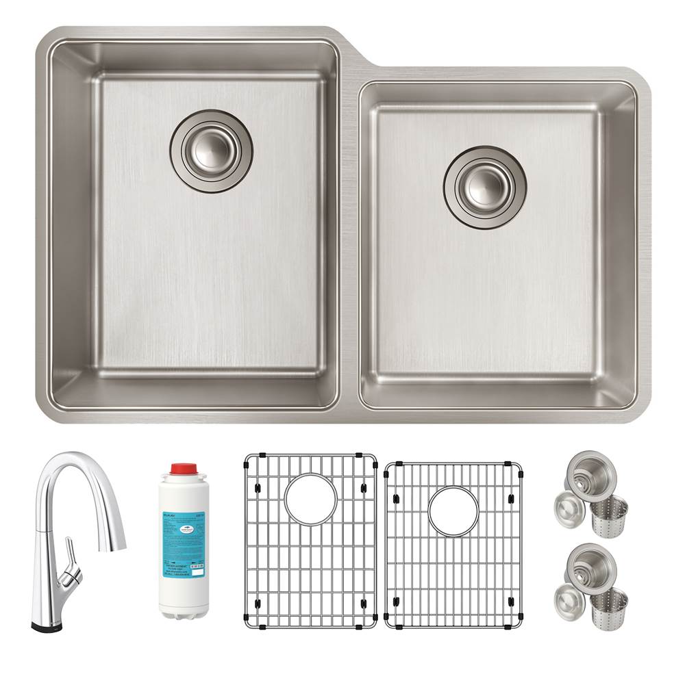 Elkay Reserve Selection Lustertone Iconix 18 Gauge Stainless Steel 31-1/4'' x 20-1/2'' x 9'' Double Bowl Undermount Sink Kit with Filtered Faucet