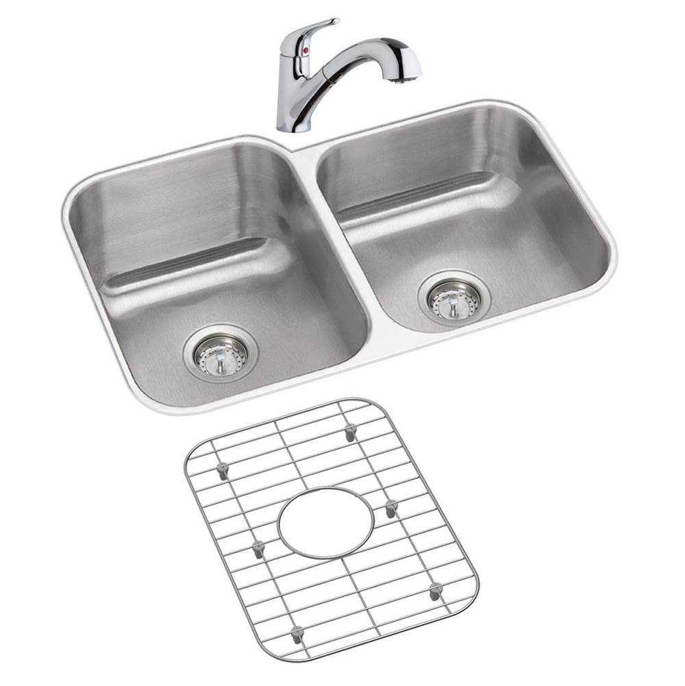 Elkay Dayton Stainless Steel 31-3/4'' x 20-1/2'' x 10'', Offset Double Bowl Undermount Sink and Faucet Kit