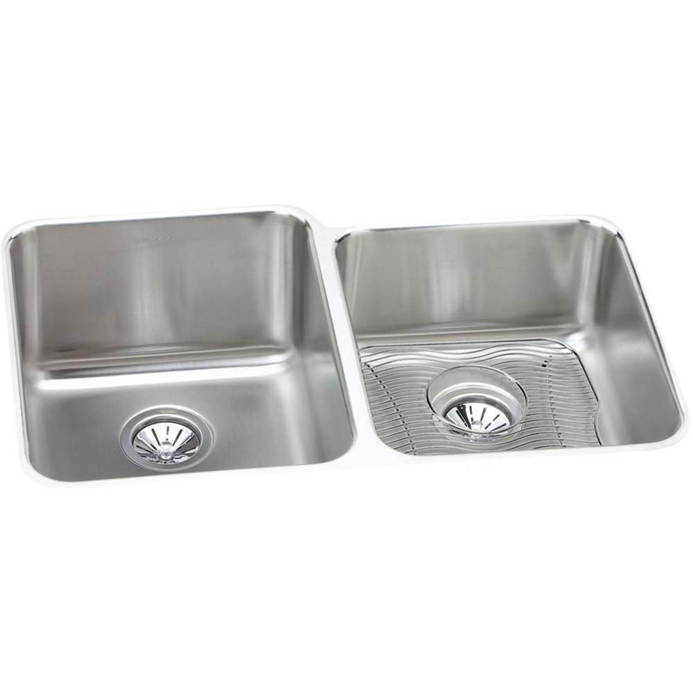 Elkay Lustertone Classic Stainless Steel 31-1/4'' x 20-1/2'' x 9-7/8'', Offset Double Bowl Undermount Sink Kit