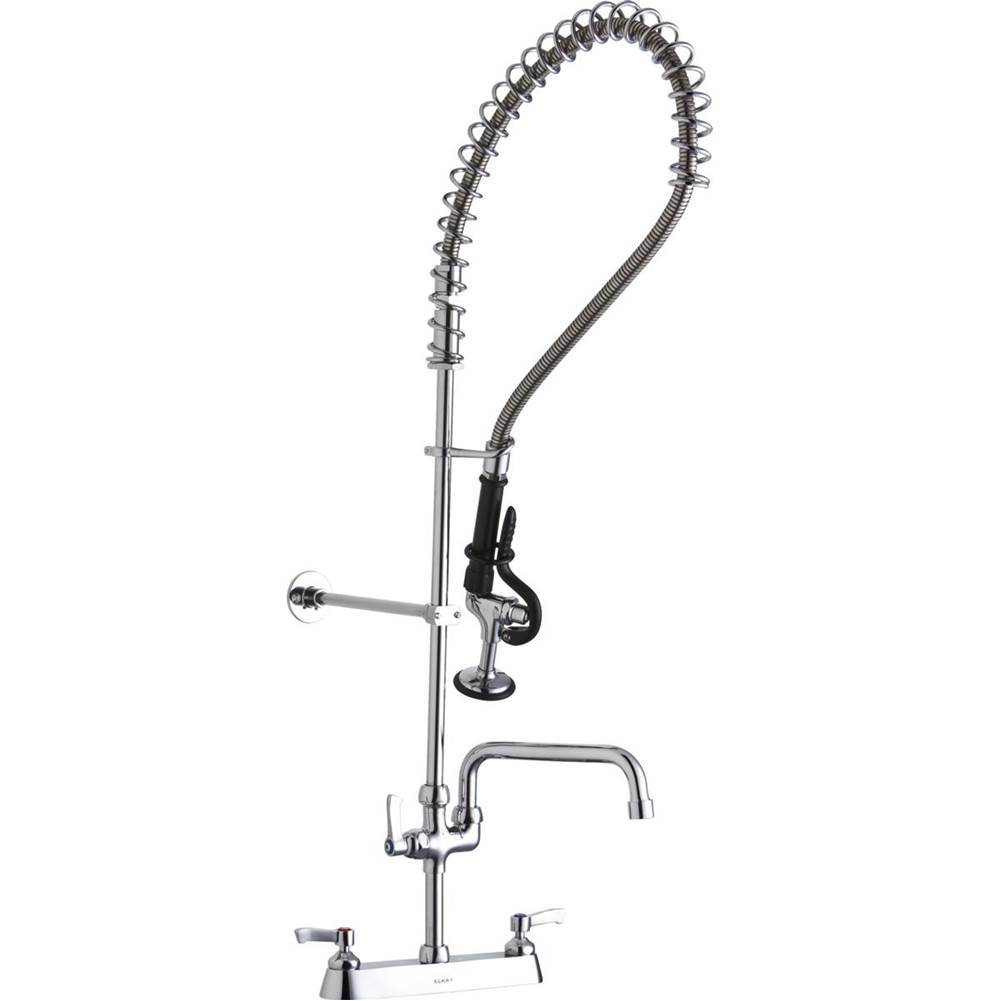 Elkay 8in Centerset Exposed Deck Mount Faucet 44in Flexible Hose w/1.2 GPM Spray Head Plus 14in Arc Tube Spout 2in Lever Handles
