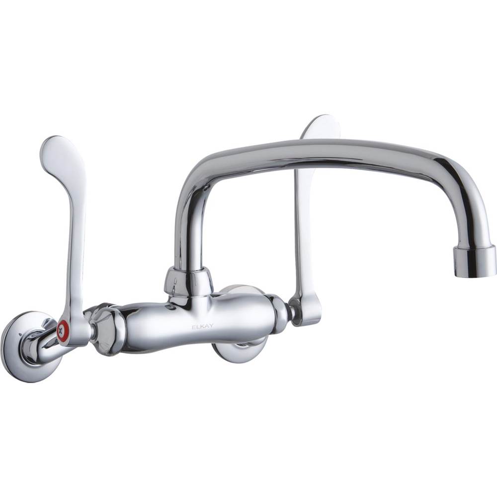 Elkay Foodservice 3-8'' Adjustable Centers Wall Mount Faucet w/14'' Arc Tube Spout 6'' Wristblade Handles 2in Inlet