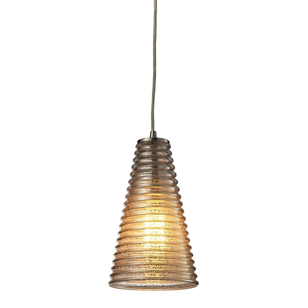 Elk Lighting Ribbed Glass 1-Light Mini Pendant in Satin Nickel With Amber Ribbed Glass