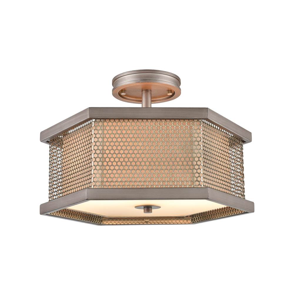 Elk Lighting Crestler 2-Light Semi Flush in Weathered Zinc and Polished Nickel Mesh With Beige Fabric Shade