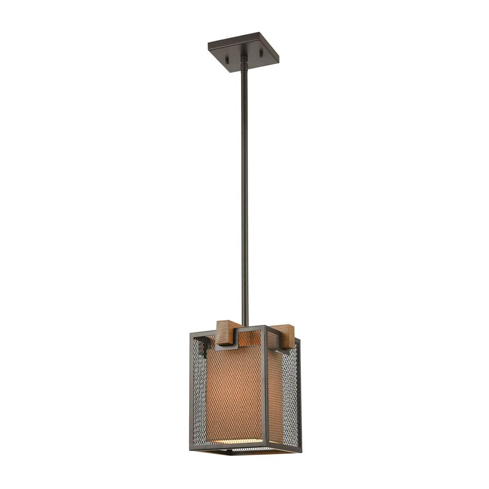 Elk Lighting Crossbeam 1-Light Mini Pendant in Oil Rubbed Bronze and Medium Oak With Dark Beige Fabric Shade