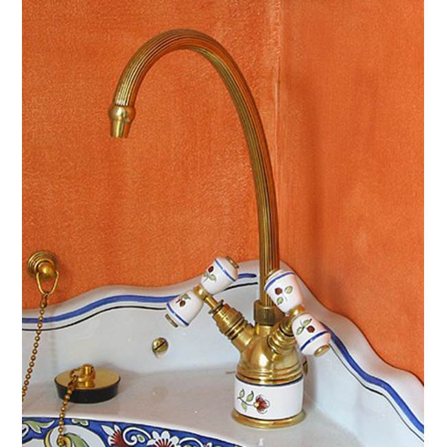 Herbeau ''Verseuse'' Deck Mounted Mixer with White or Handpainted Earthenware Handles in Vieux Rouen, Satin Nickel