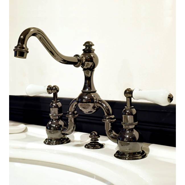 Herbeau ''Royale'' Wall Mounted 2-Hole Set with White Ceramic Lever Handles without Waste in Antique Lacquered Brass