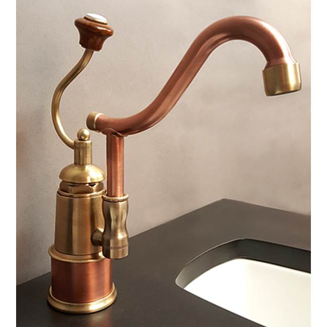 Herbeau ''De Dion'' Single Lever Mixer with Ceramic Disc Cartridge in Wooden Handle, French Weathered Copper and Brass