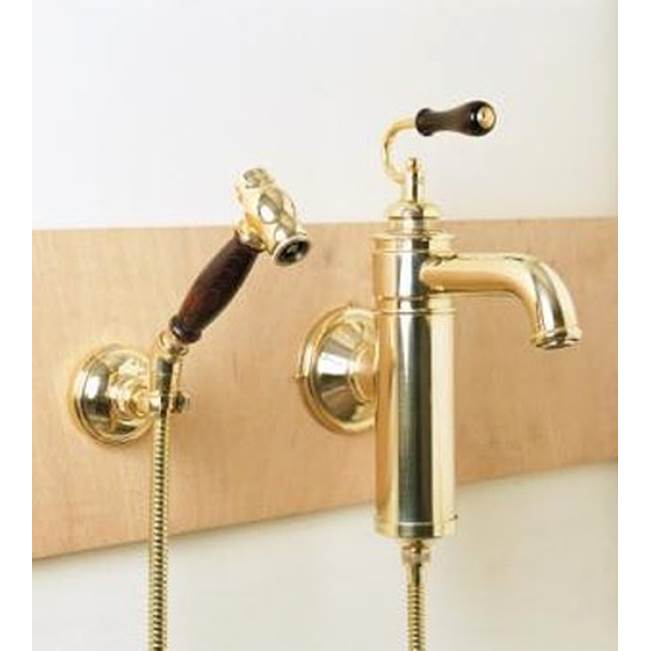 Herbeau ''Estelle'' Wall Mounted Single Lever Mixer with Ceramic Disc Cartridge and Handspray in Wooden Handles, French Weathered Copper/Brass