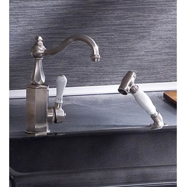 Herbeau ''Monarque'' With Hand Spray Single Lever Mixer With Ceramic Cartridge in White Handles, Antique Lacquered Brass