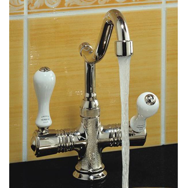 Herbeau ''Namur'' Single-Hole Kitchen / Bar / Lavatory Mixer in White Handles, French Weathered Copper and Brass
