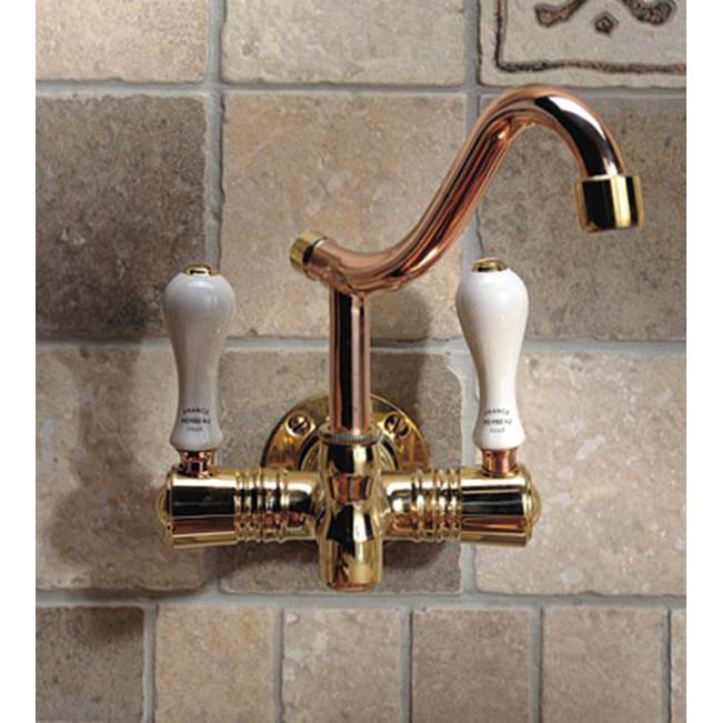 Herbeau ''Dixmude'' Wall Mounted Single-Hole Mixer in White Handles, French Weathered Copper and Brass