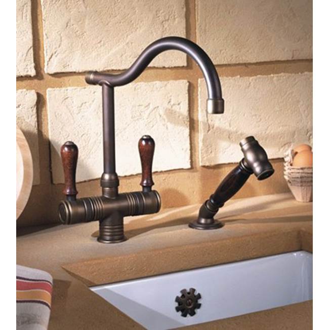 Herbeau ''Valence'' Single-Hole Mixer with Handspray in Wooden Handles, Polished Chrome