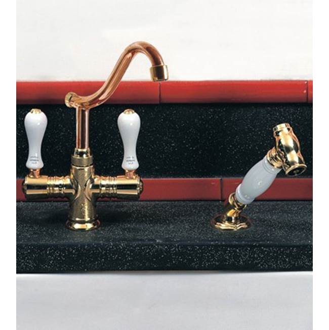 Herbeau ''Namur'' Single-Hole Kitchen / Bar / Lavatory Mixer with Handspray in White Handles, Weathered Copper and Brass