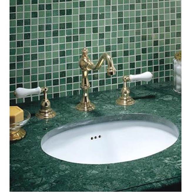 Herbeau ''Royale'' Widespread Lavatory Set with White Ceramic Handles in Lacquered Polished Copper
