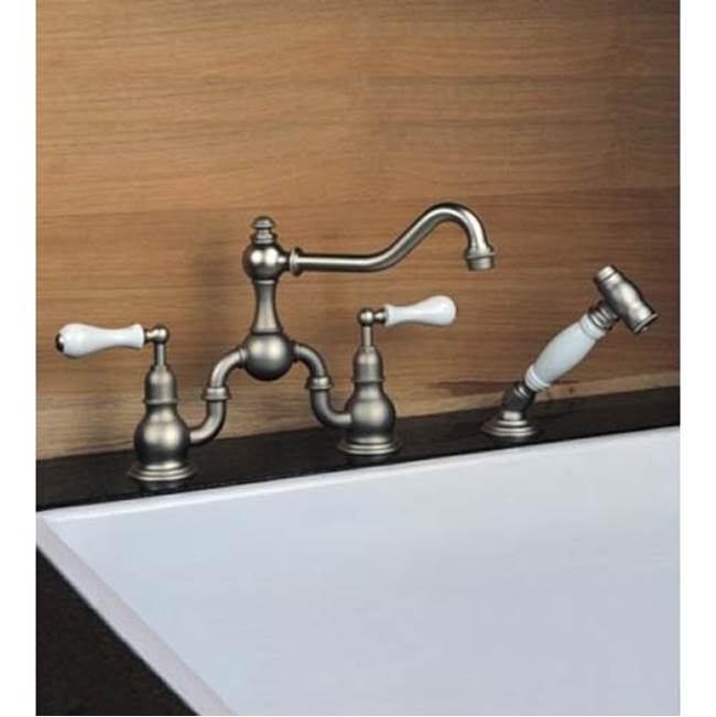 Herbeau ''Royale'' 2 Hole Kitchen Mixer with White Lever Handles and White Handspray Handle, Satin Nickel