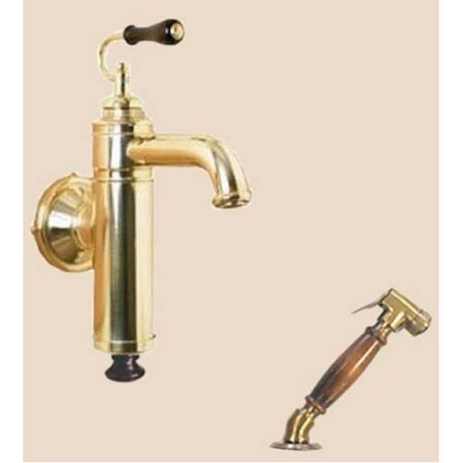 Herbeau ''Estelle'' Wall Mounted Single Lever Mixer with Ceramic Disc Cartridge and Deck Mounted Handspray in Wooden Handles, Antique Lacquered Brass