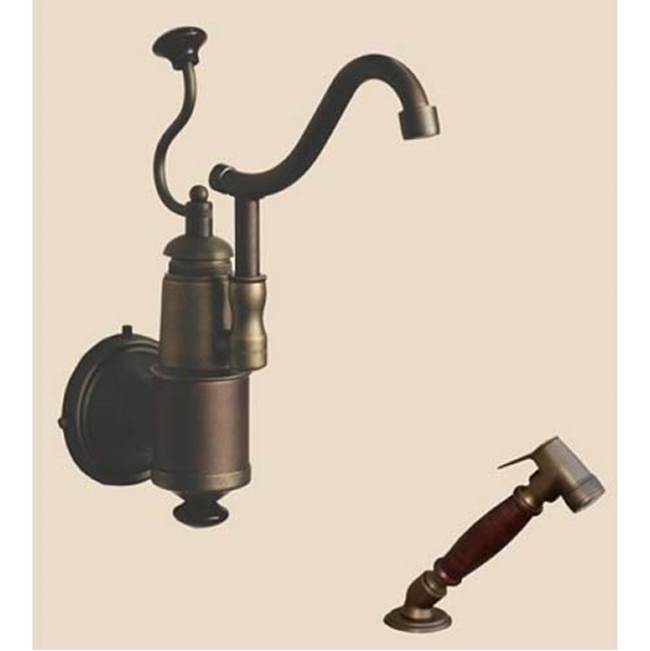 Herbeau ''De Dion'' Wall Mounted Single Lever Mixer with Ceramic Disc Cartridge and Deck Mounted Handspray in Wooden Handles, Antique Lacquered Brass